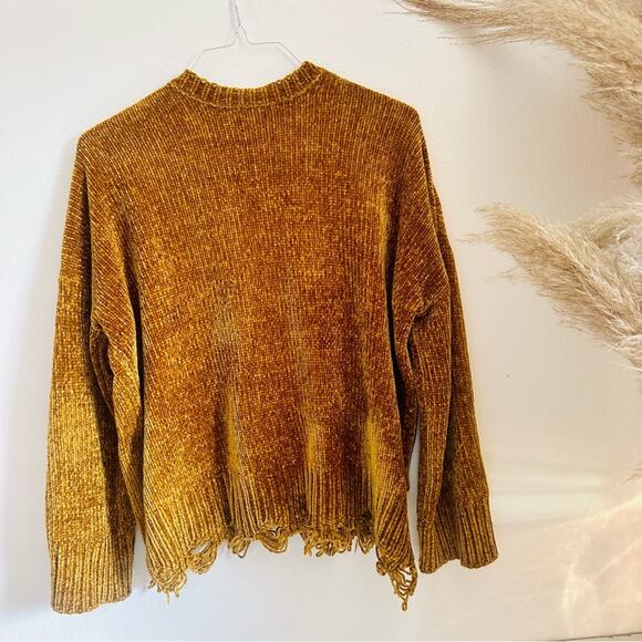 SMYM MUMU Gold Yellow Chenille Knit Oversized Distressed Crop Boxy Sweater XS - Picture 6 of 16